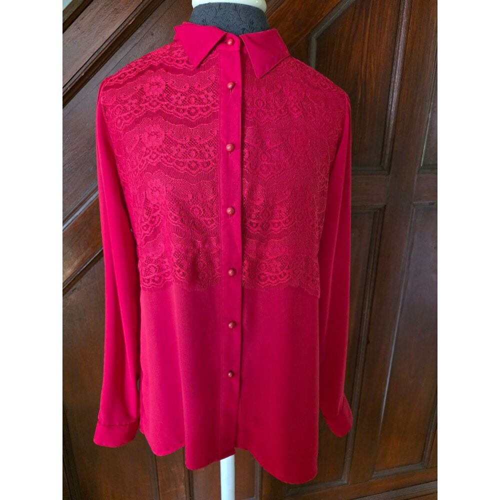 Valerie Stevens Womens Red Lace Button-Down Blouse S